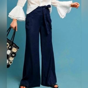Anthropologie Tie-Waist Linen Wide Leg Navy Pants Size 32-30